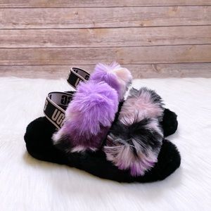 UGG Women's Black Fluff Slides with Lavender Multi Fur